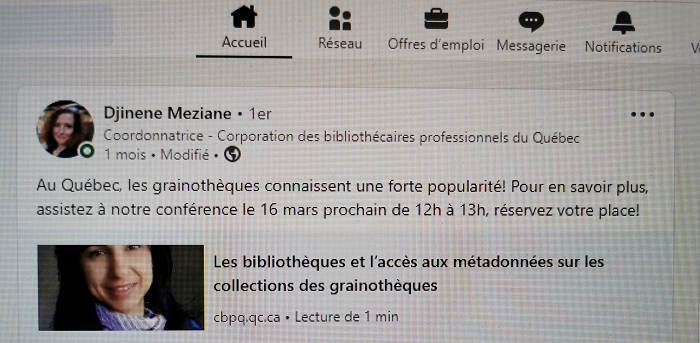 Conférence en ligne devant la Corporation des bibliothécaires professionnels du Québec (CBPQ), Montréal